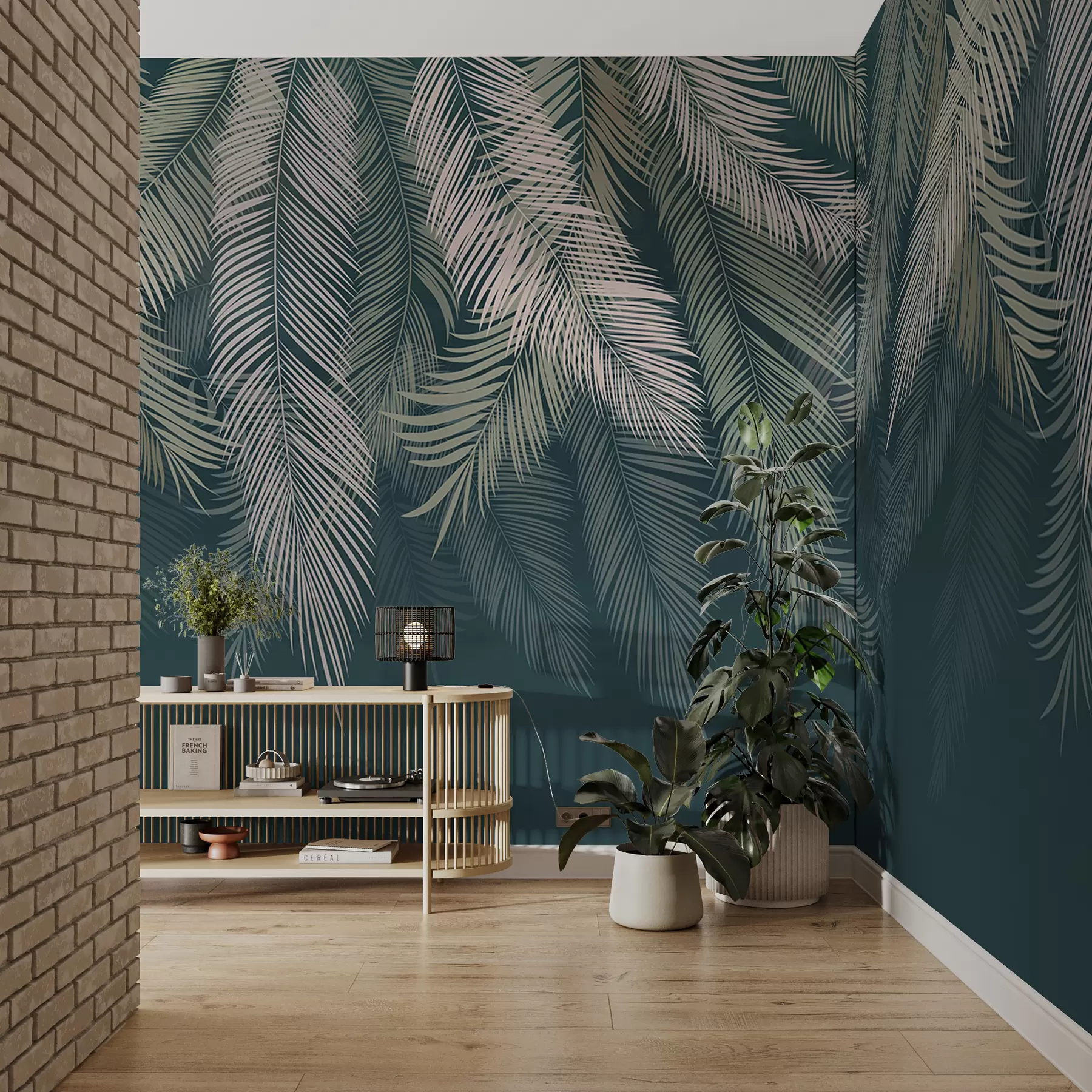 Fototapete Palmenblätter auf dunkelgrünem Hintergrund u48556v2d2